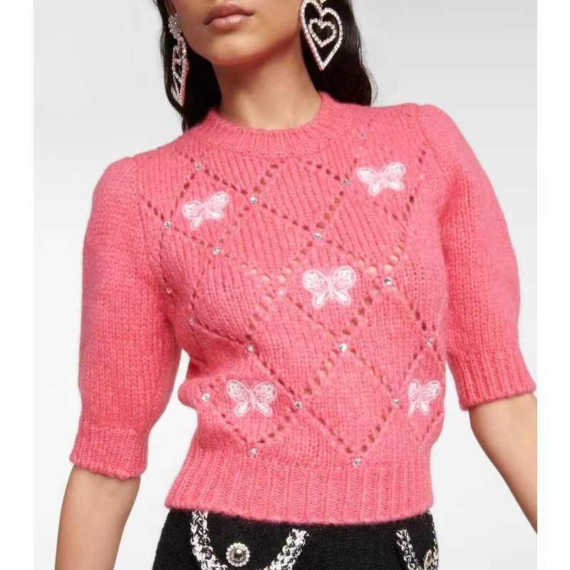 Alessandra Rich Short-sleeved Open-knit Jumper In Pink