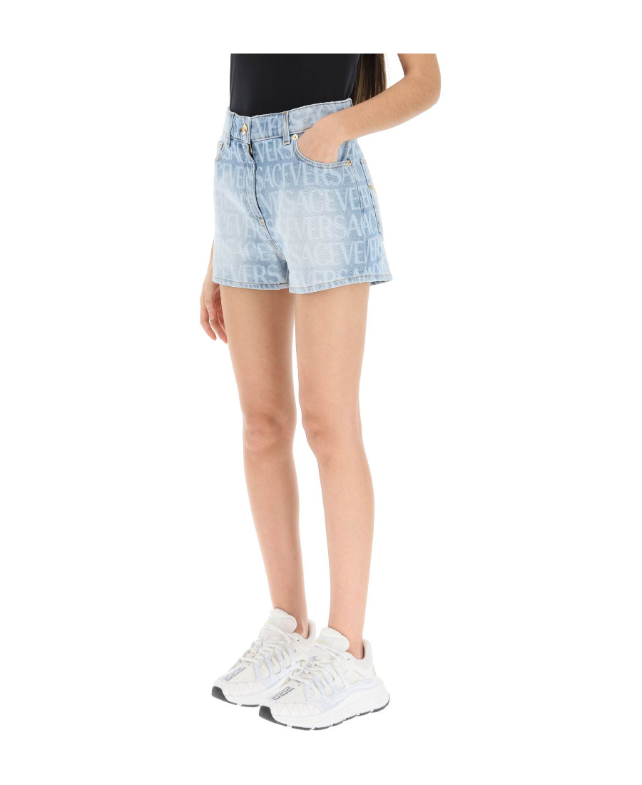 Versace Logo-print Denim Shorts In Blue