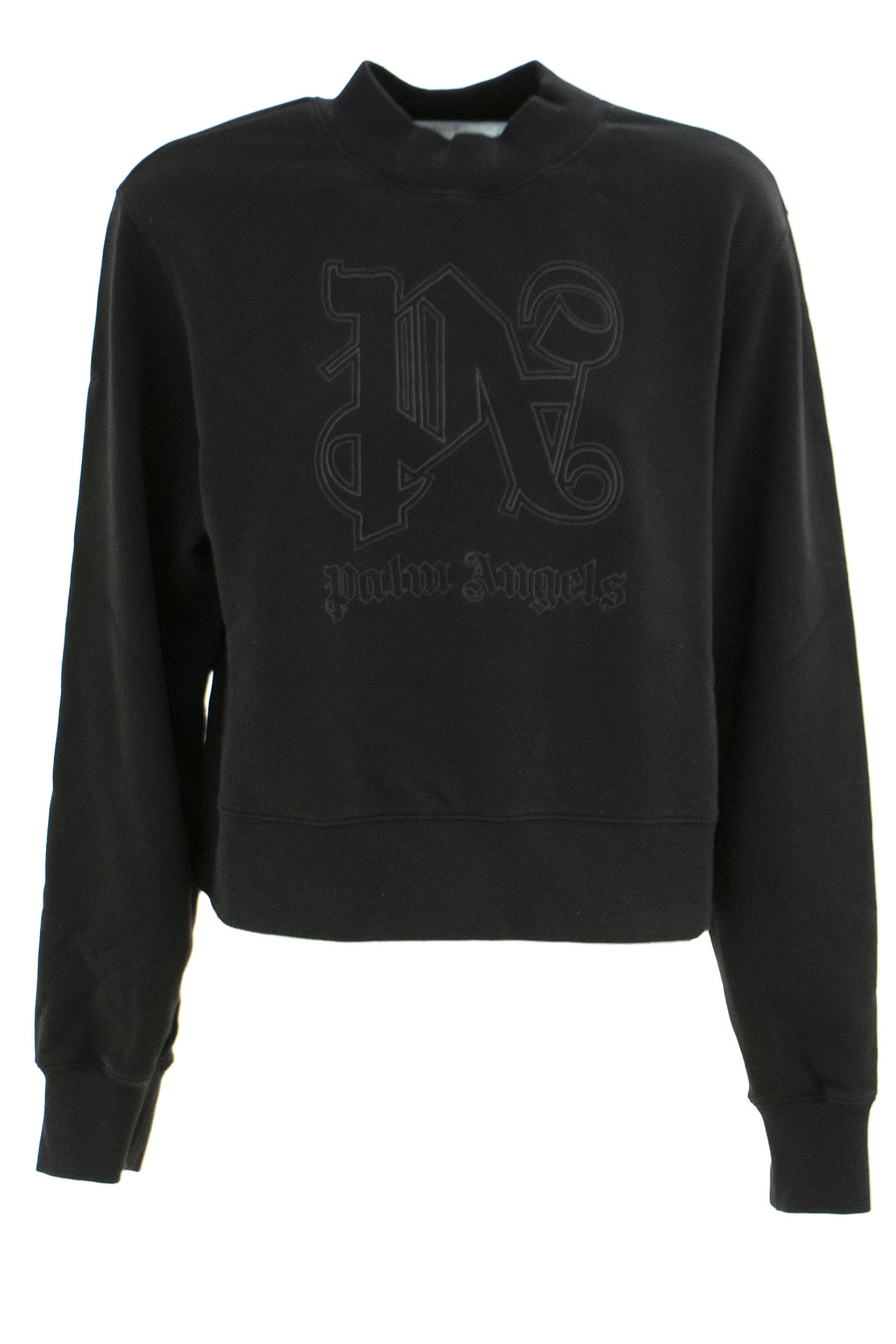 Palm Angels Cropped Cotton Sweatshirt With Ribbed Crew-neck In Black