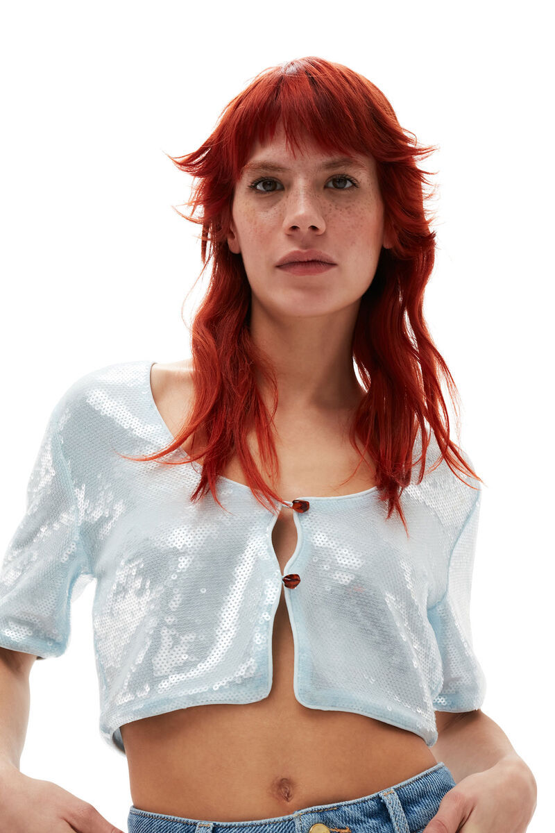 Ganni Woman Top Sky Blue Size 6 Recycled Polyester In Blue