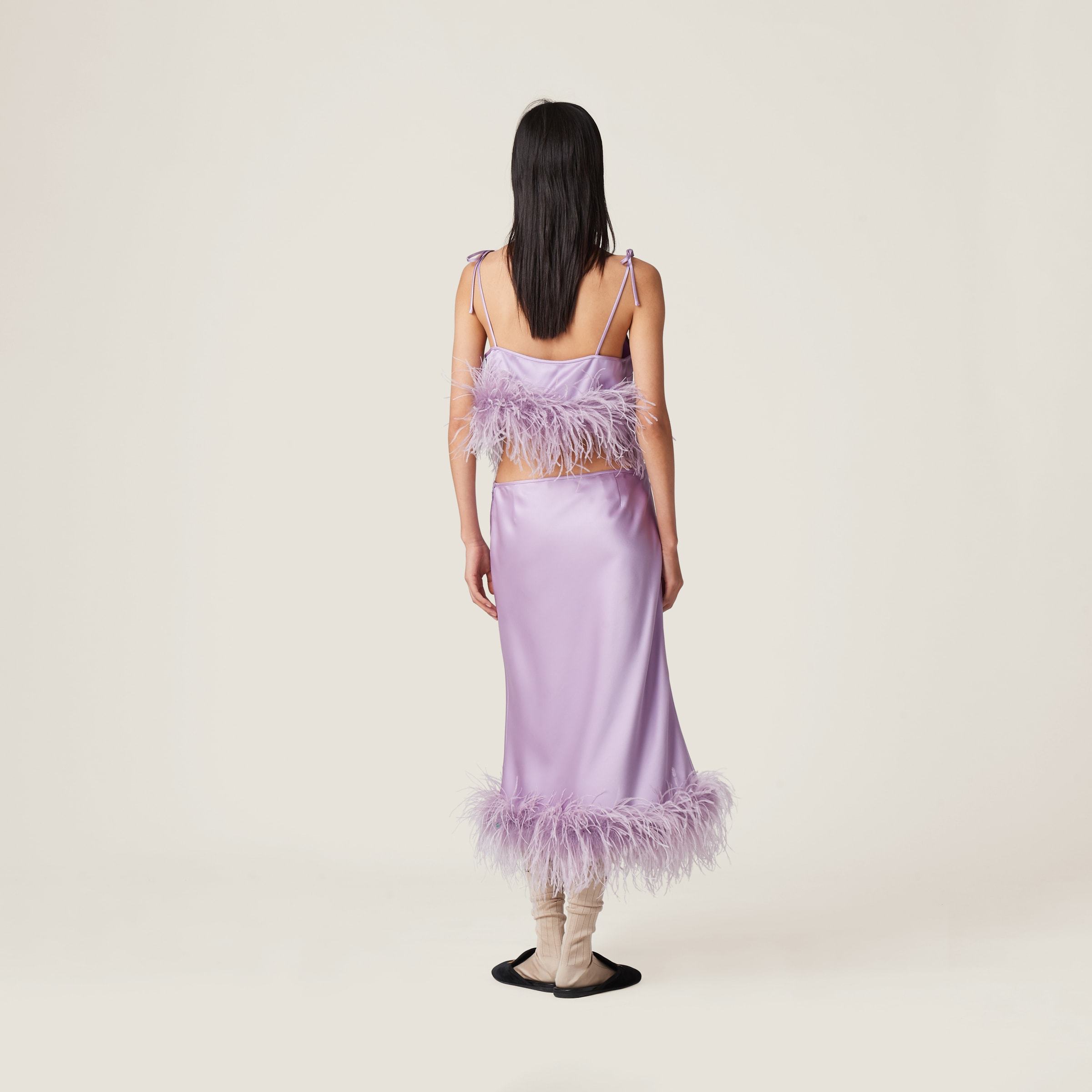 Miu Miu Feather-trimmed Satin Midi Skirt In Purple