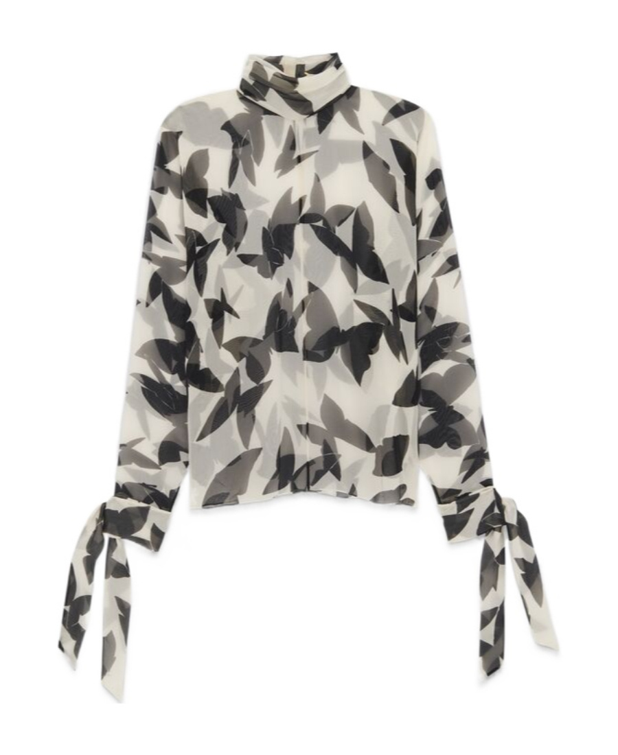 Saint Laurent Butterfly Print Silk Blouse With Tie Cuffs In Nude