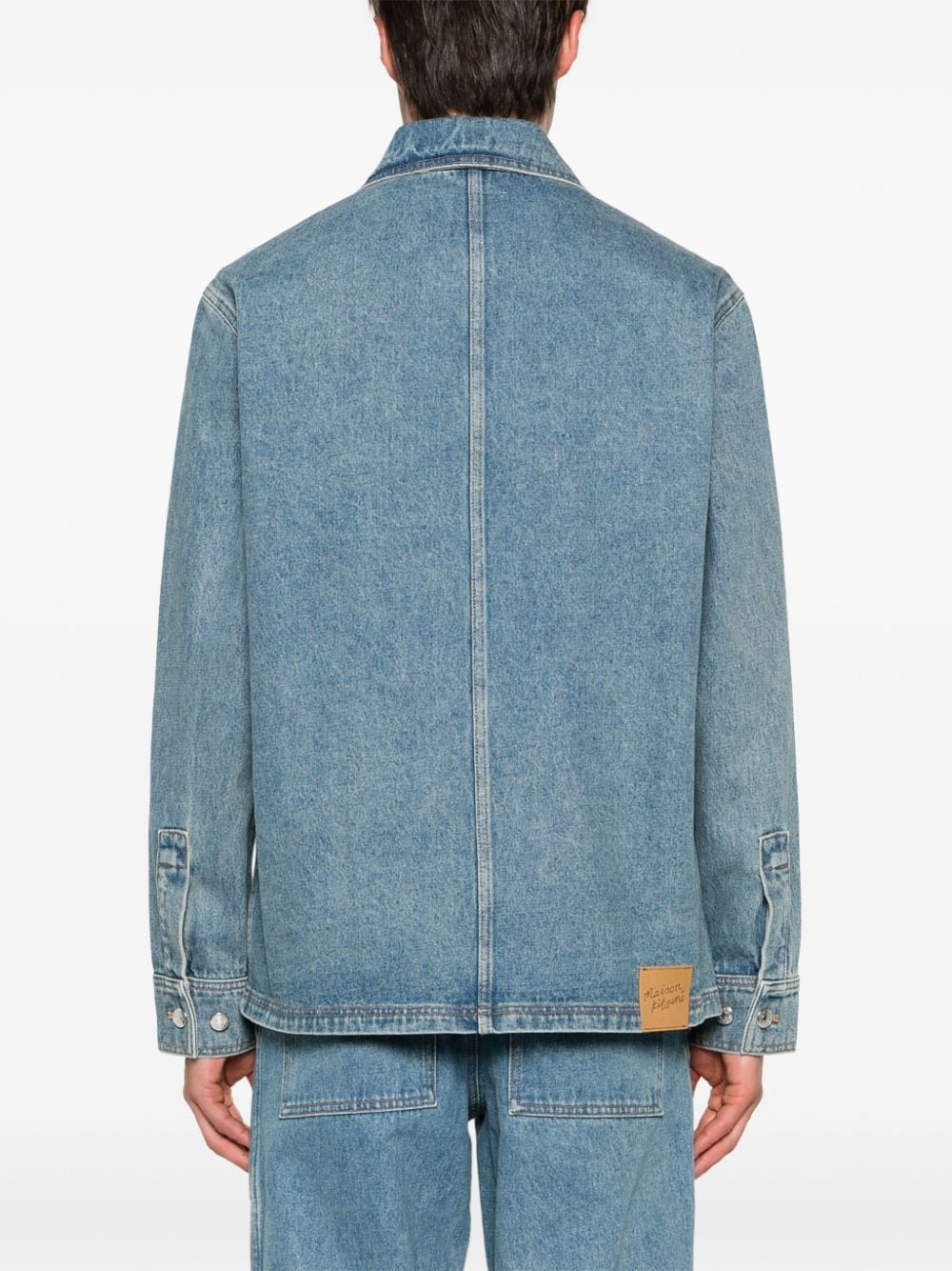 Shop Maison Kitsuné Single-breasted Front Pocket Denim Coat In Gray