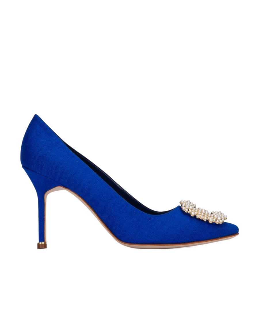 Manolo Blahnik Satin Hangisi 105 Pumps With Jewel Embellishment In Blue