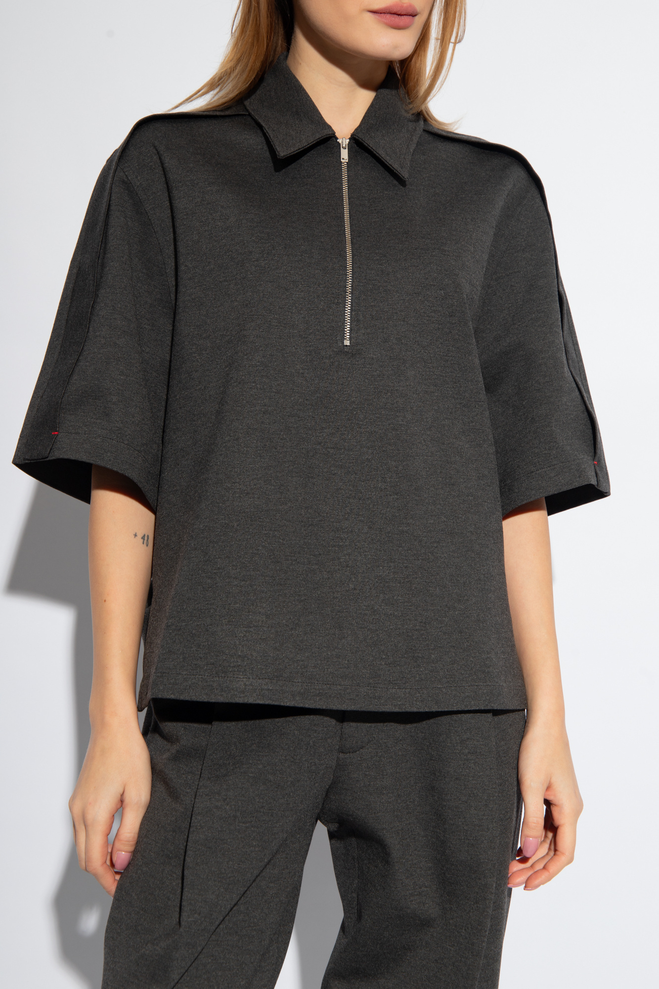 Victoria Beckham Pointed-collar Mélange Jersey Top In Black