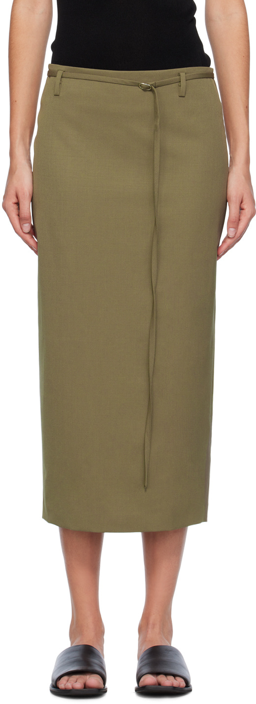 St Agni Kelp Belted Stretch-wool Pencil Skirt In Green