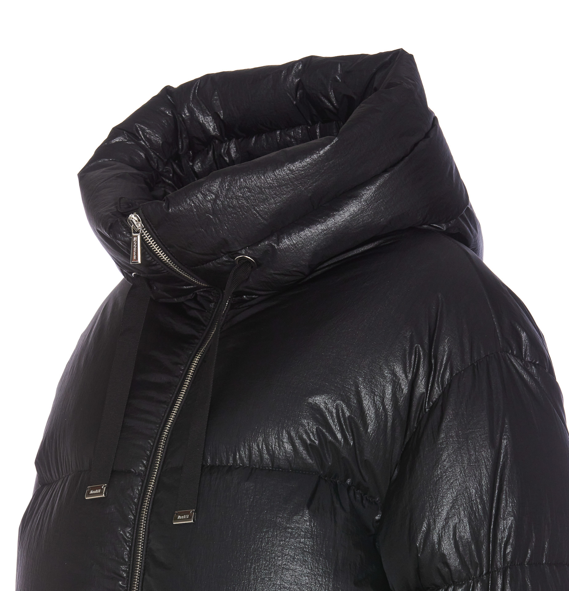 Moorer Hooded Padded Jacket With Snap Button Pockets In Black