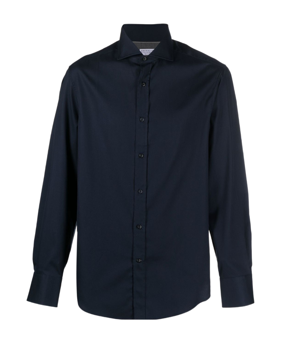 Brunello Cucinelli Men Flannel Slim Fit Shirt With Spread Collar In Black