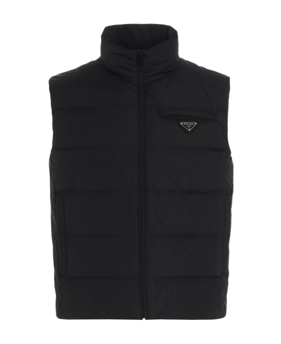 Prada Triangle Logo Zip-up Padded Vest In Black