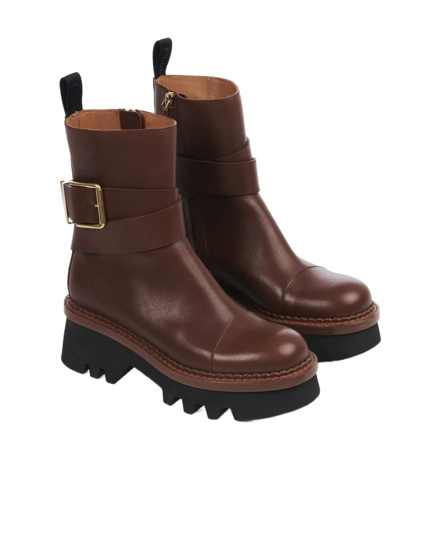 Chloé Leather Boots With Buckle Detail And Tank Sole In Red