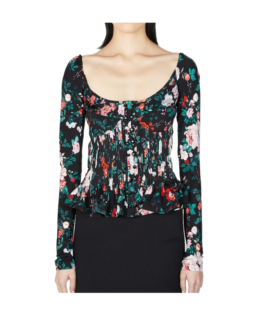 Rabanne Floral Print Viscose Top With Pleated Design In Black