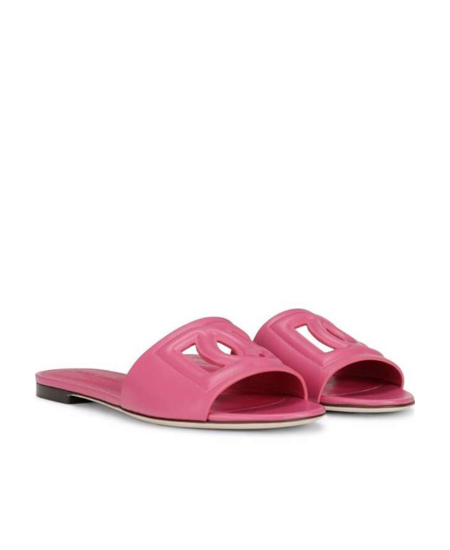 Dolce & Gabbana Dg Logo Slides In Calf Leather In Pink