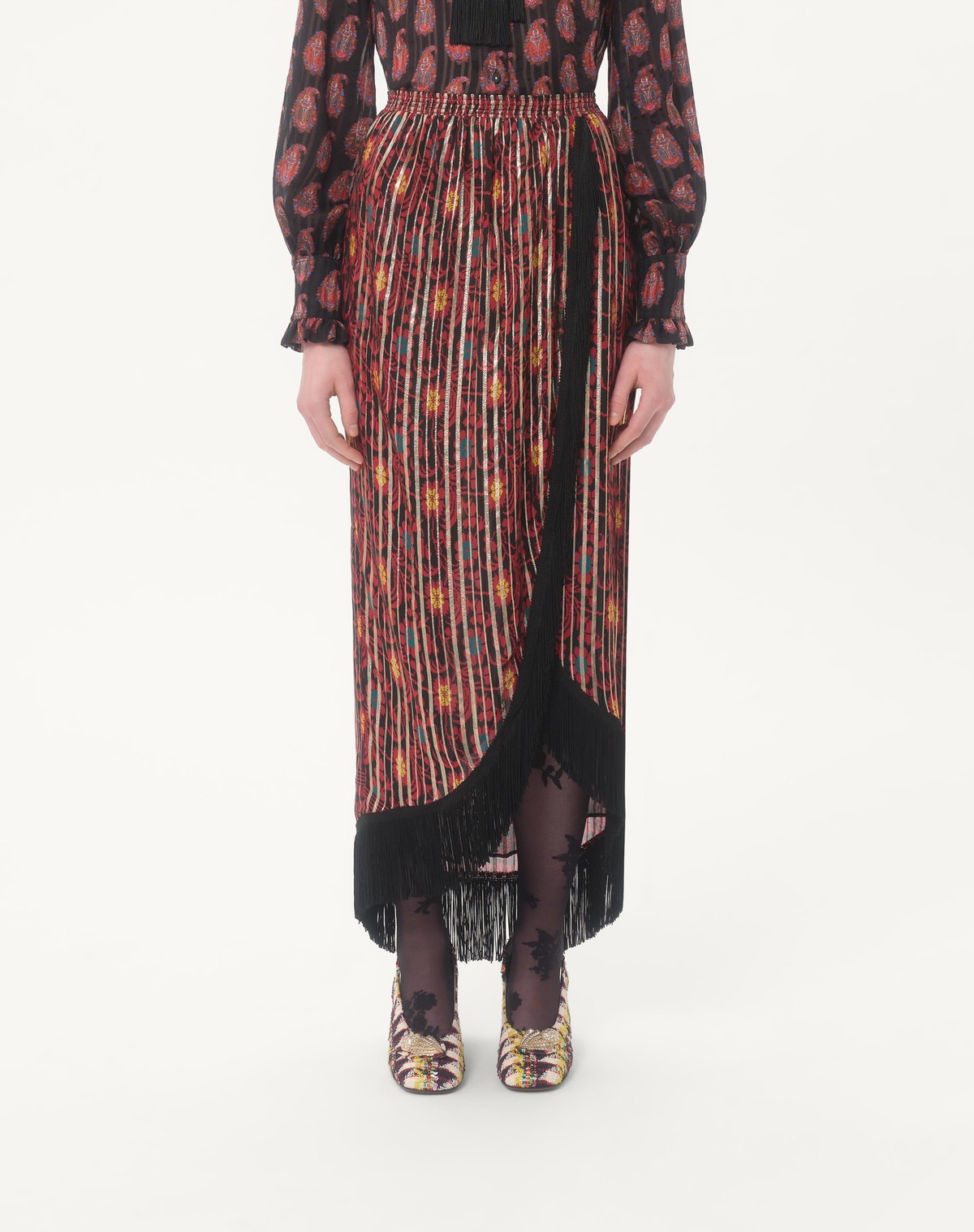 Valentino Lamé Midi Skirt With Apres L'hiver Print In Brown