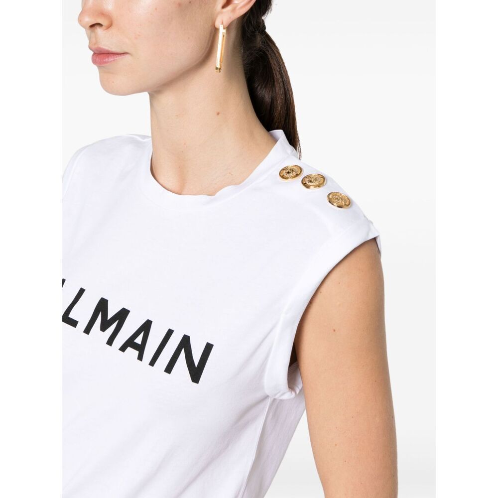 Balmain Button-detail Logo-print Tank Top In White