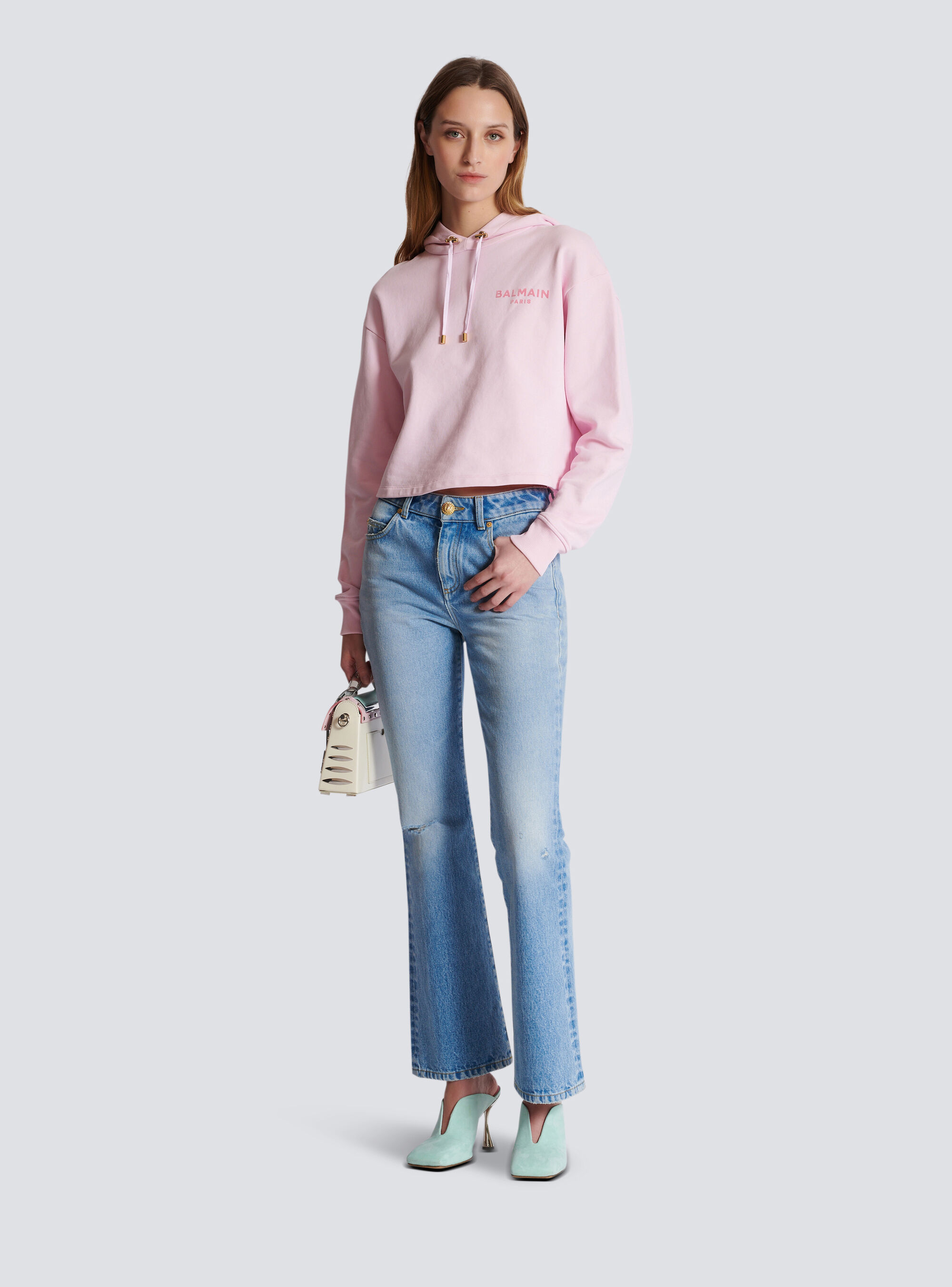 Balmain Flocked Logo Cropped Organic Cotton Hoodie In Pink