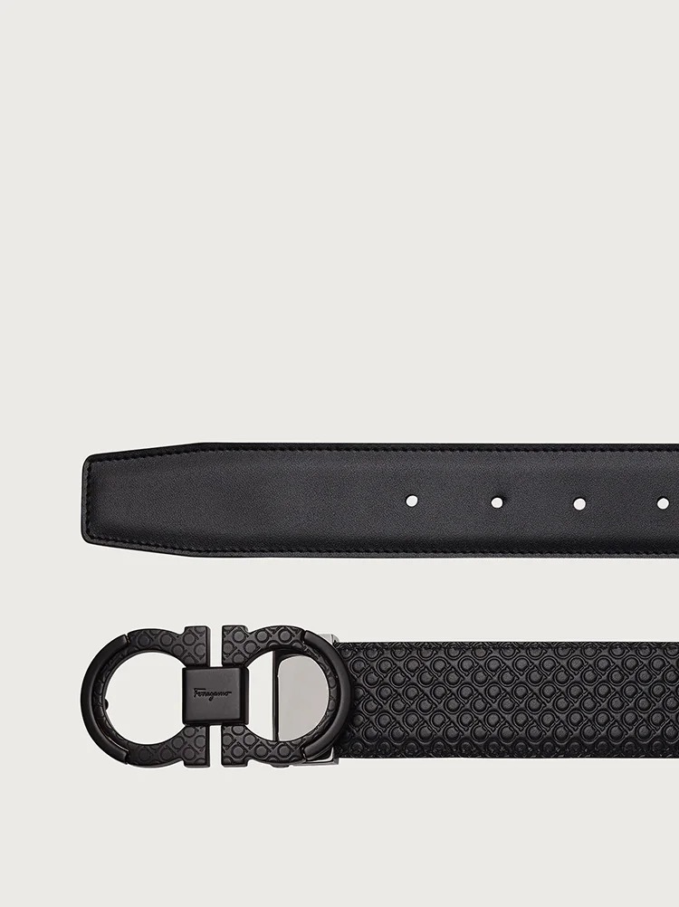 Ferragamo Black Reversible Belt With Gancini Buckle On The Front And All-over Gancini Motif In Black
