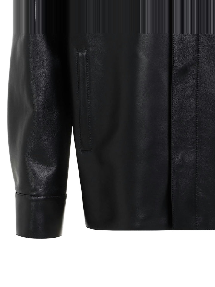 Loewe Anagram Leather Zip-up Overshirt In Black