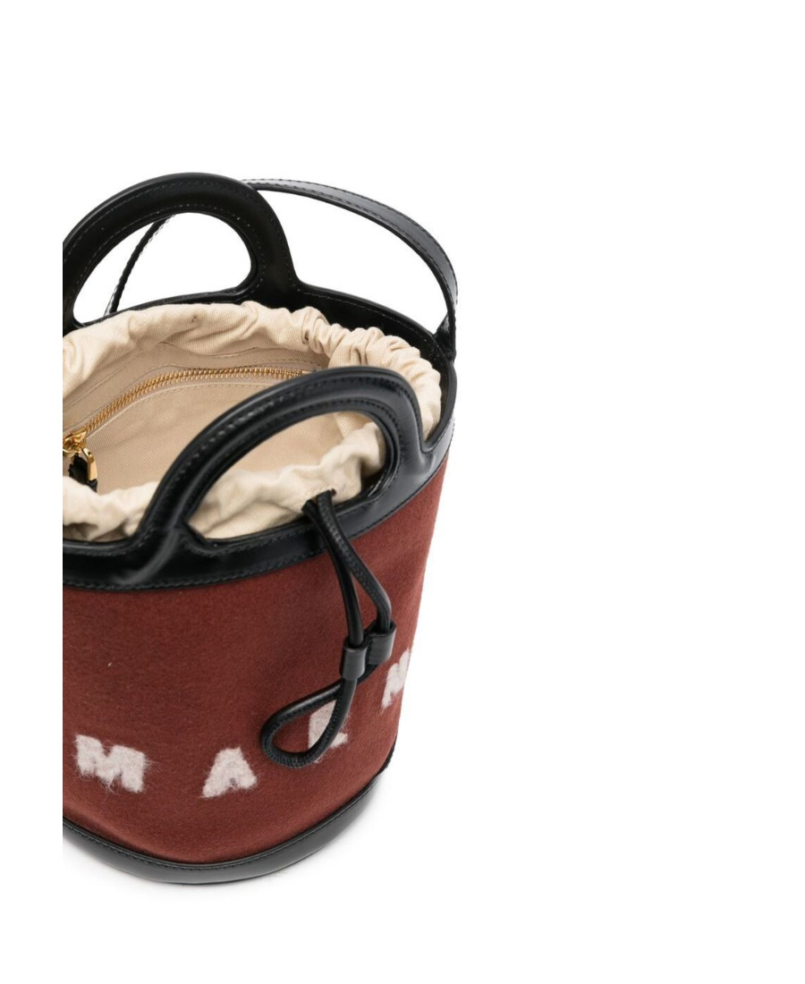 Marni Brown Bucket Shoulder Bag In Calf Leather And Wool And Cotton Blend With Adjustable And Removable Sh In Red