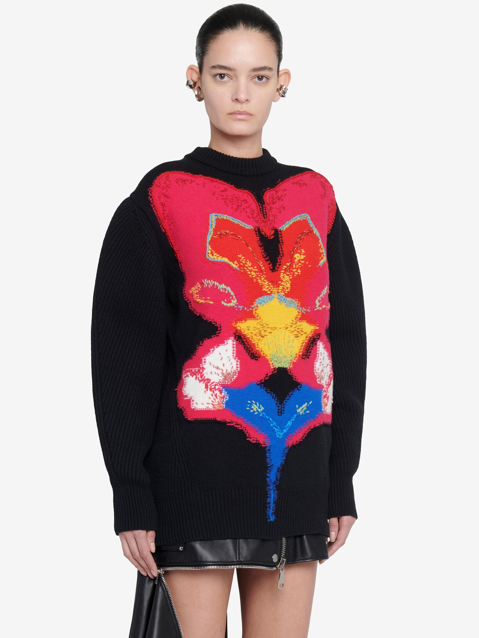 Alexander Mcqueen Orchid Intarsia Oversized Jumper In Black