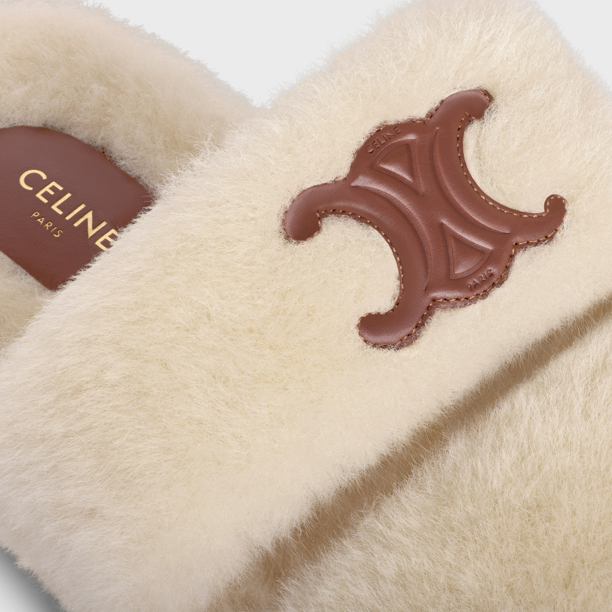 Celine Triomphe Shearling Fur Slides In Nude