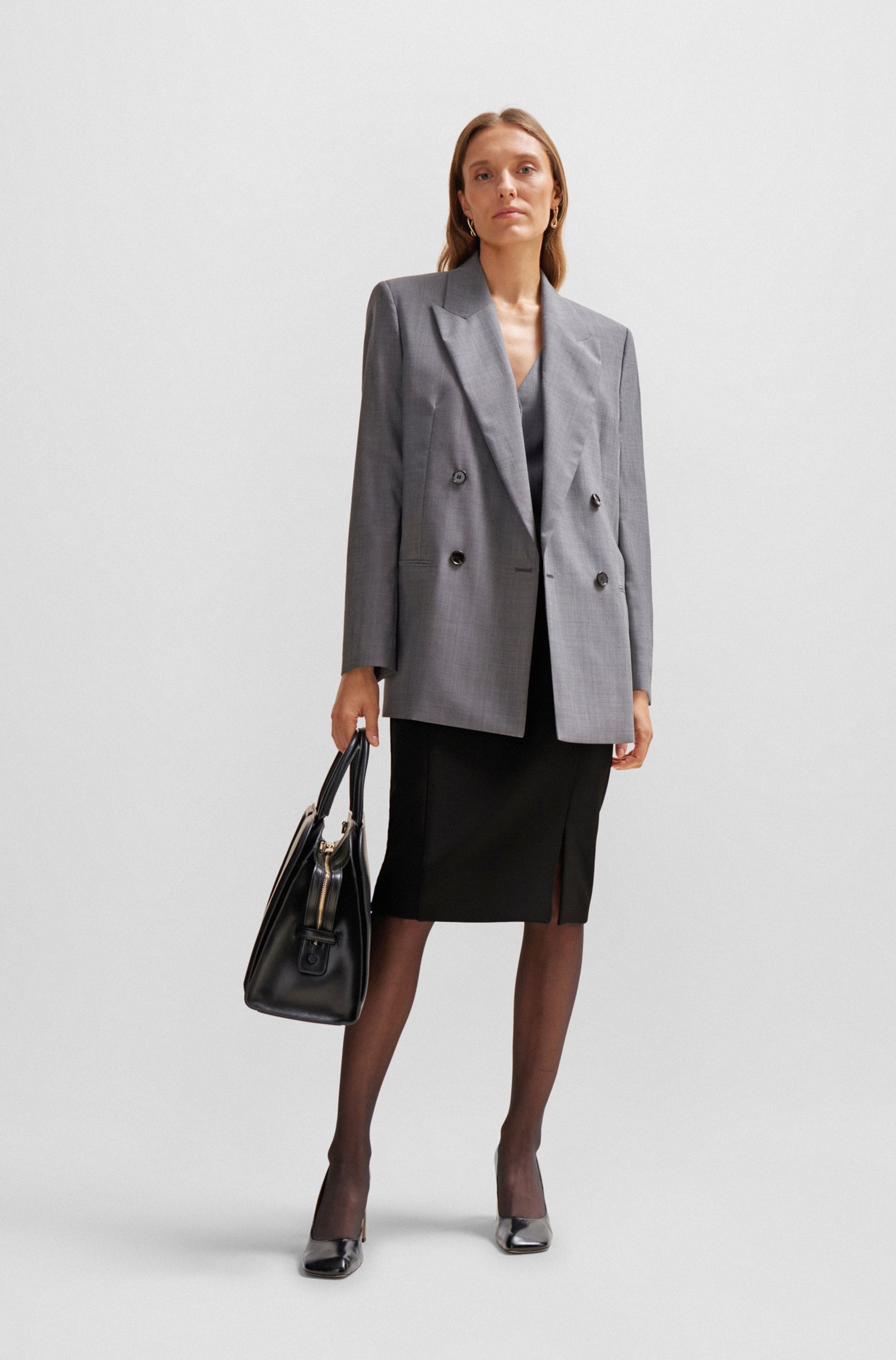 Hugo Boss Pencil Skirt In Stretch Fabric With Front Slit In Black