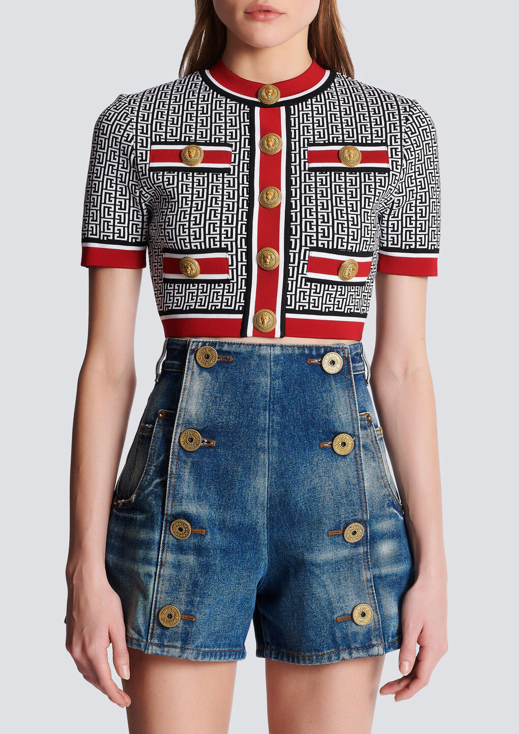 Balmain Monogram Jacquard Short Sleeve Crop Sweater In Black