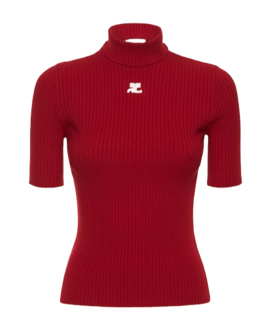 Courrèges Shoulder Snaps Rib Knit Cropped Sweater Top