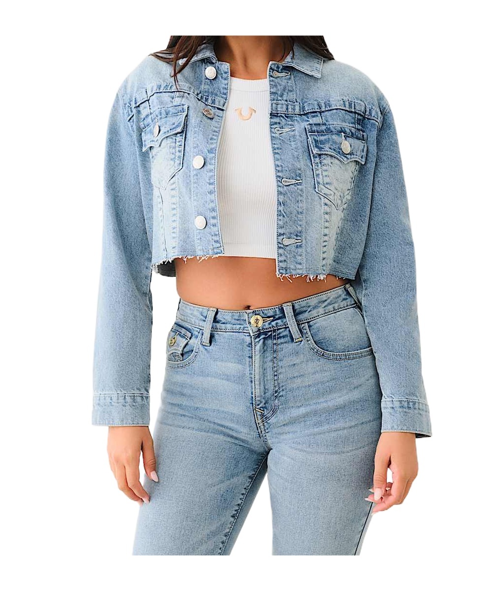 TRUE RELIGION CRYSTAL FRINGE CROP DENIM JACKET