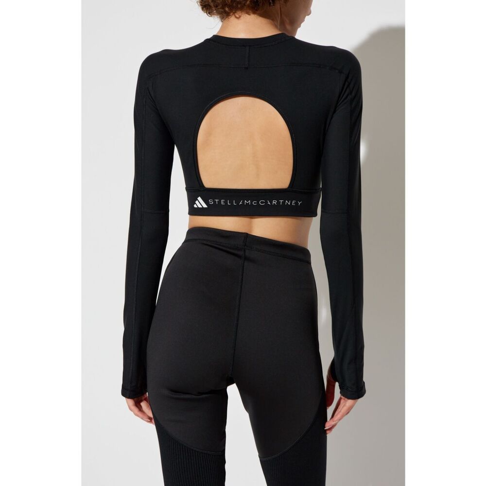 Adidas By Stella Mccartney Truestrength Cutout Cropped Printed Top In Black