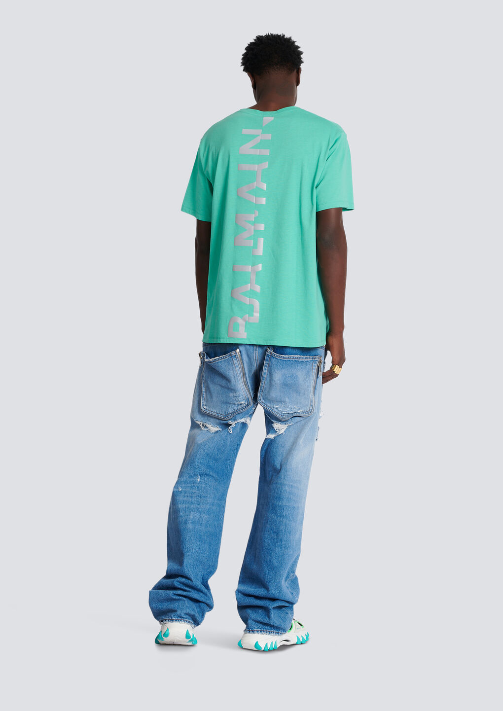 Shop Balmain Oversized T-shirt In Eco-responsible Cotton With Reflective Maxi Logo Print In Green