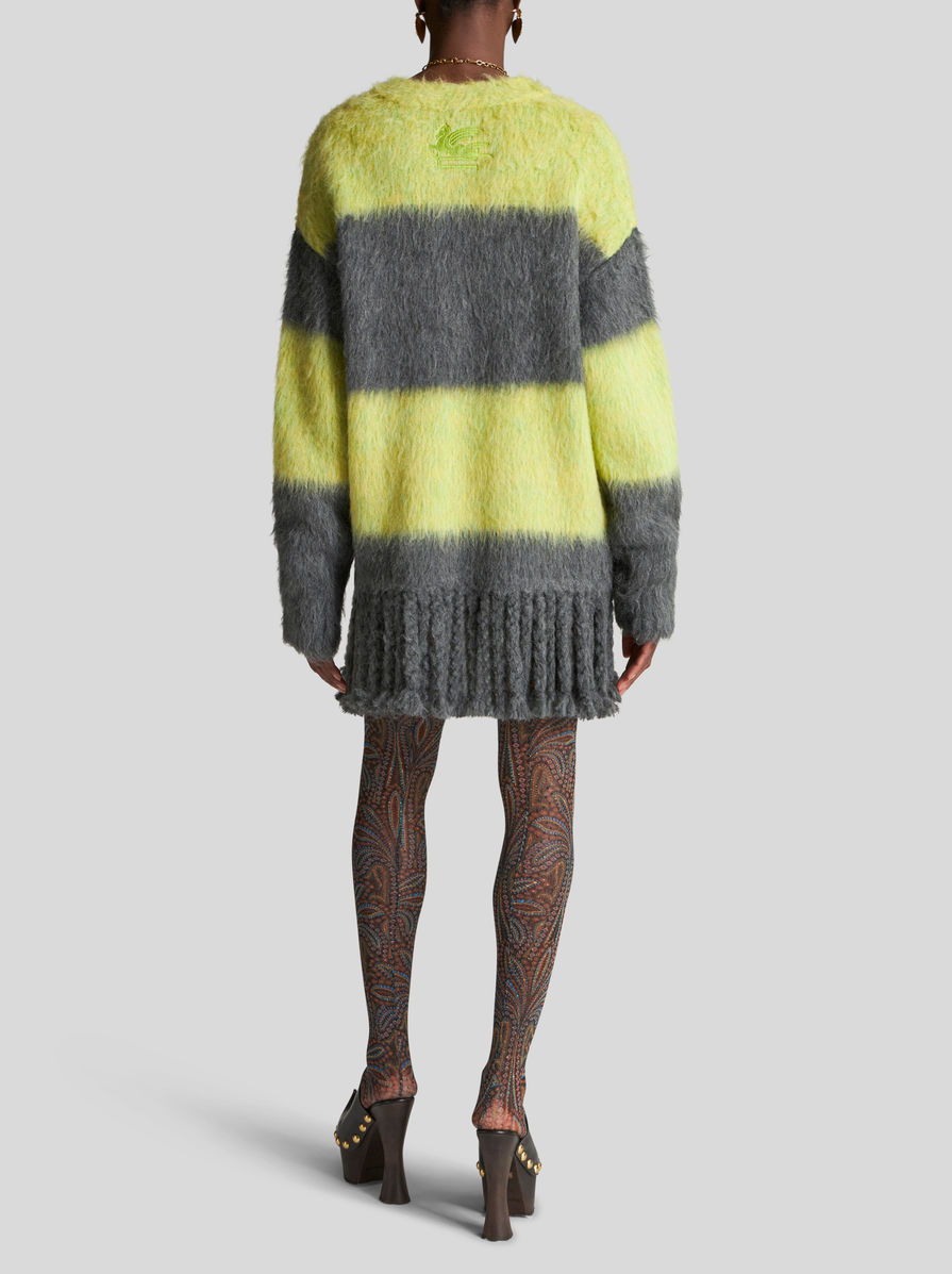Etro Grey Grey Striped Wool Blend Cardigan In Black
