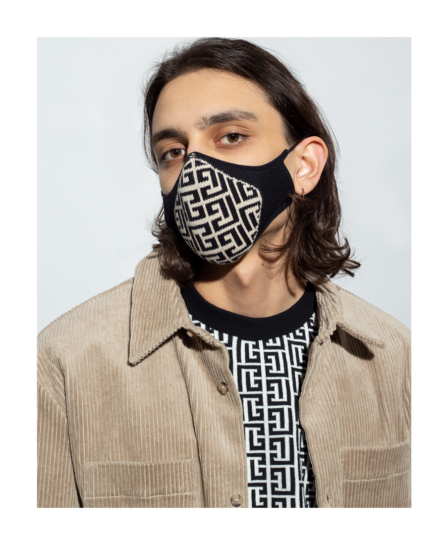 Balmain Monogram-print Knitted Face Mask In Black