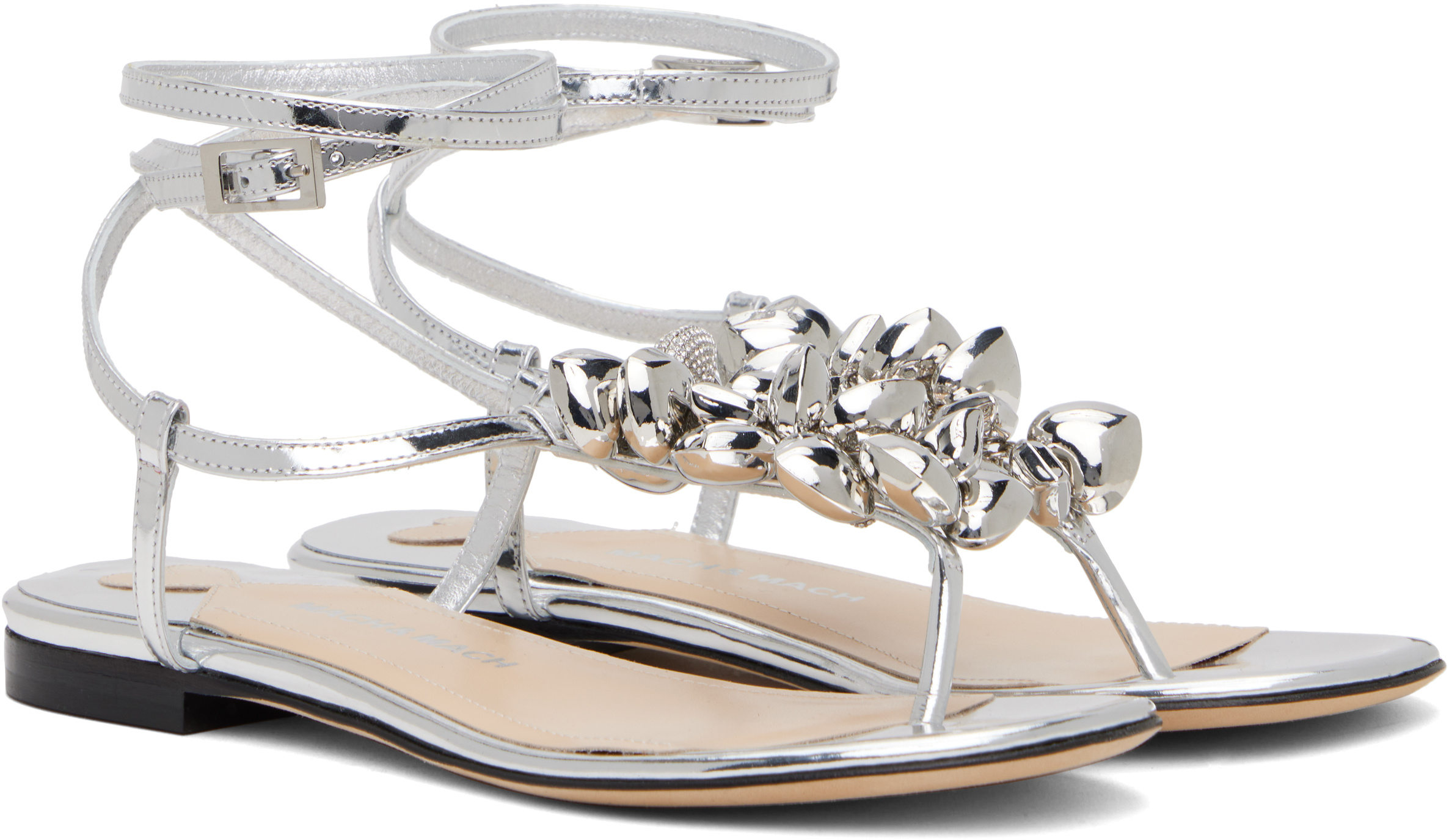 Machmach Puffy Heart Mirror Leather Flip Flops In Silver