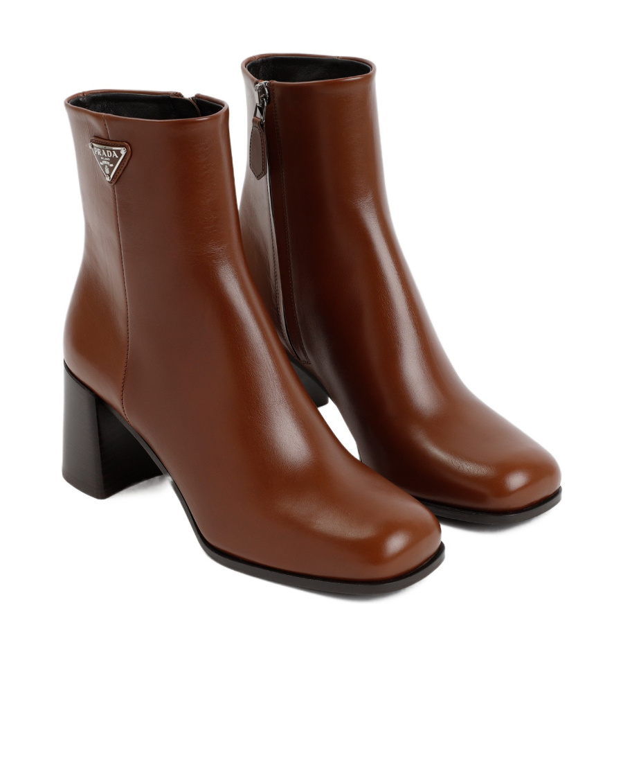 Prada Triangle-logo Leather Boots In Brown