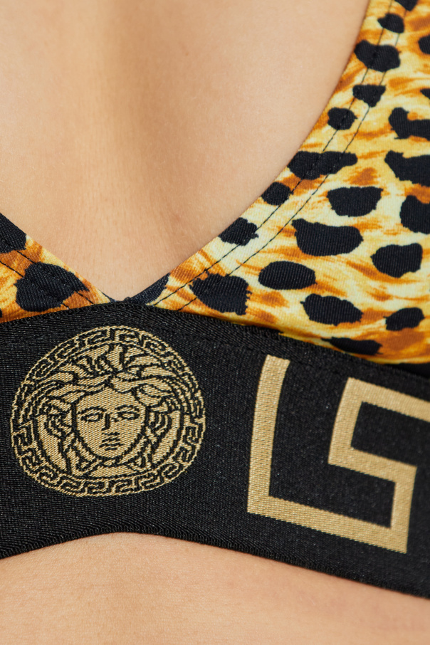Versace Greek-key Leopard-print Bikini Top In Yellow