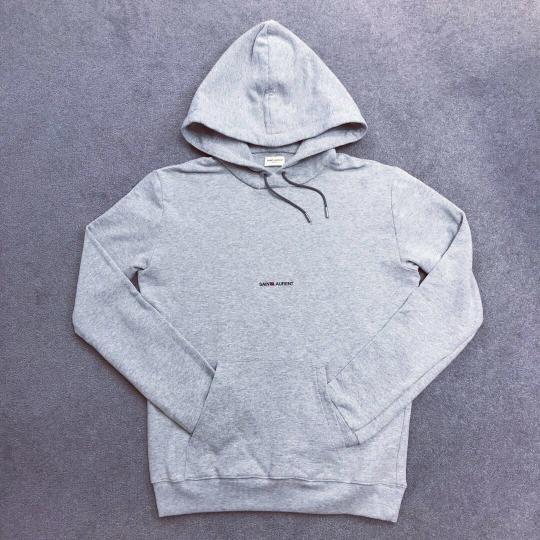 Saint Laurent Signature Logo Cropped Hooded Sweatshirt In Gray