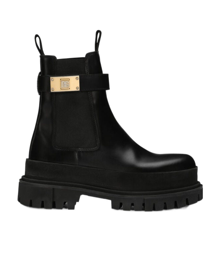 Dolce & Gabbana Calfskin Ankle Boots With Branded Strap In Black