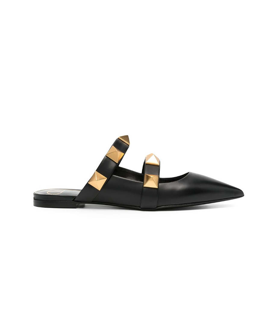 Valentino Roman Stud Leather Point-toe Flats In Black