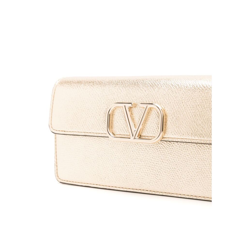 Valentino Vlogo Signature Metallic Leather Wallet On Chain In Nude