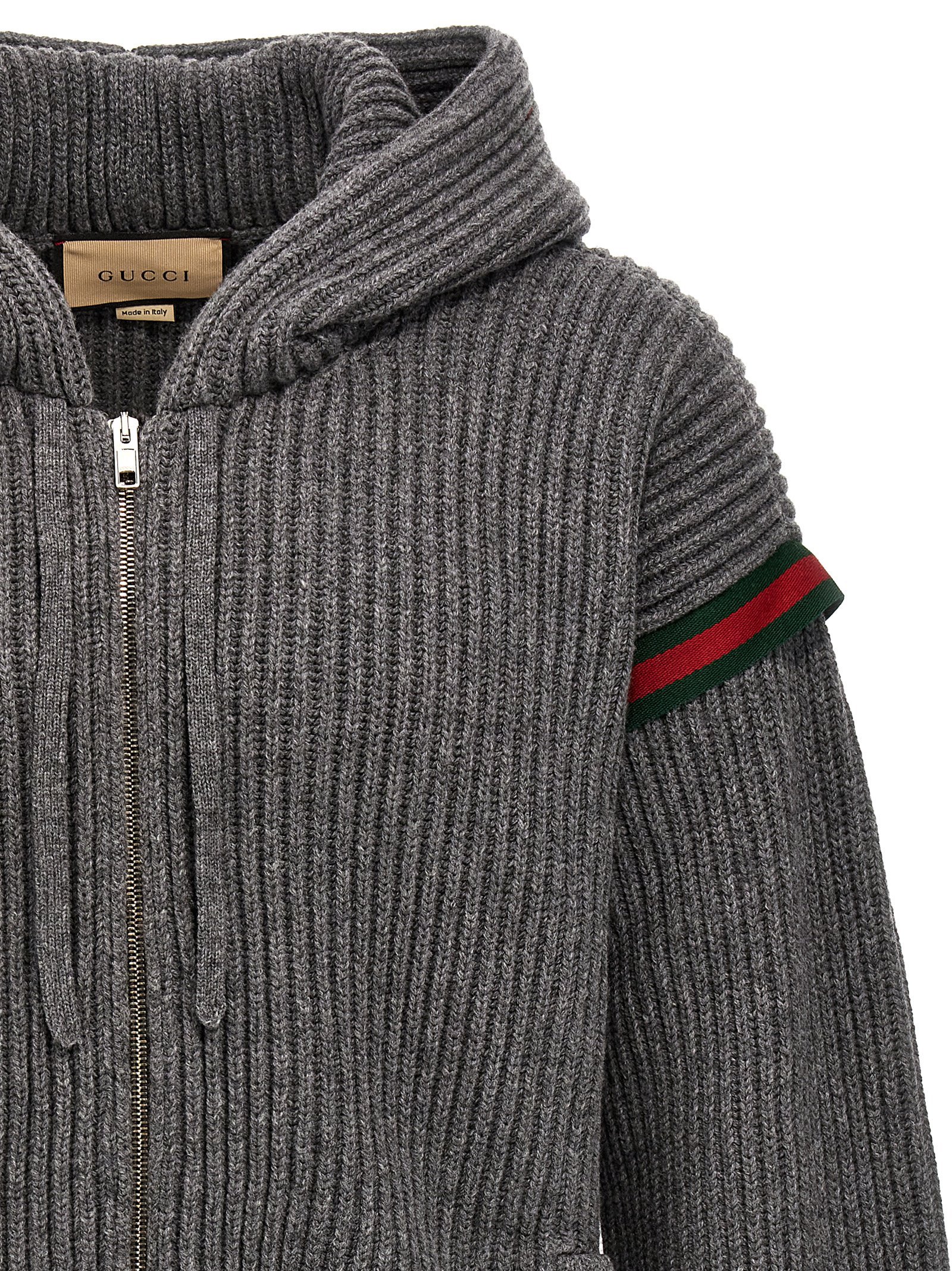 Gucci Hooded Cardigan Web Striped Detail In Gray