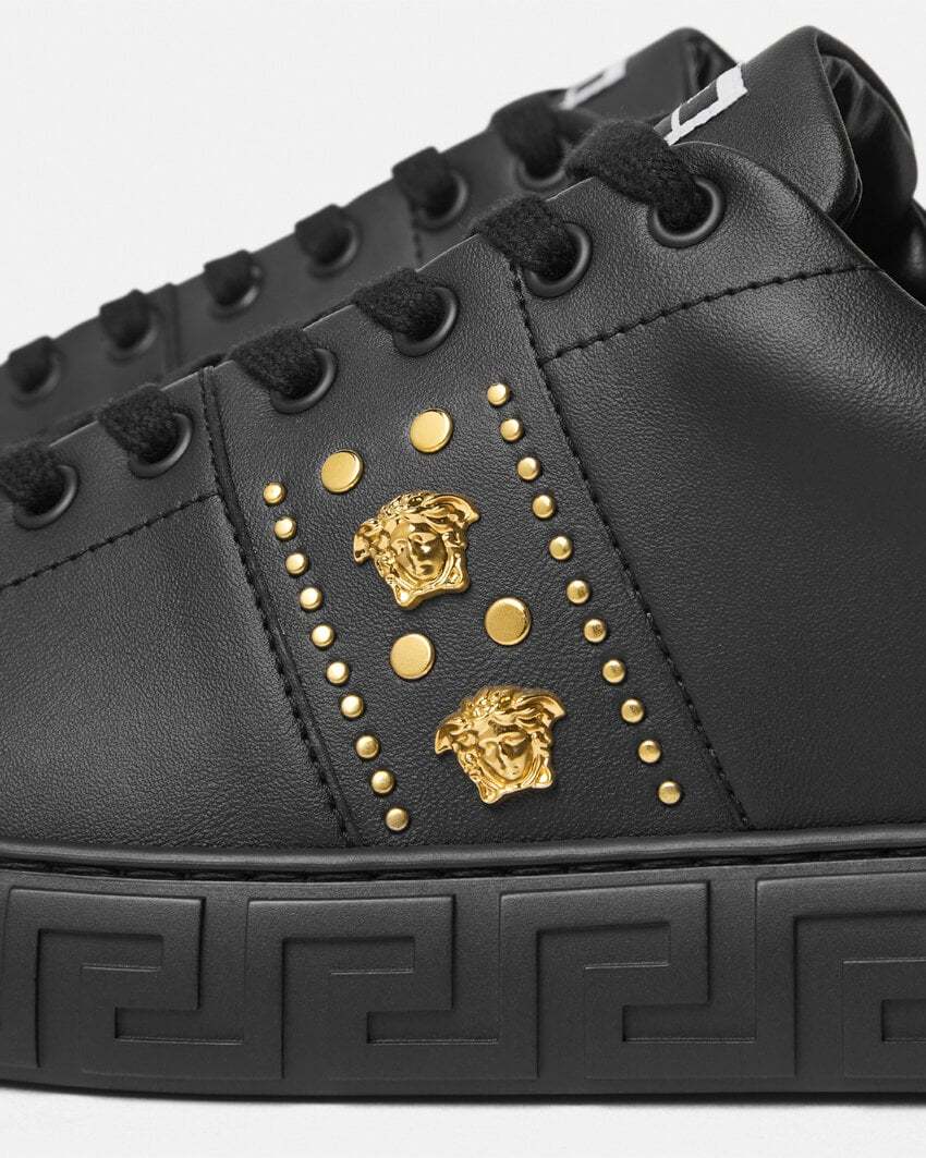 Versace Studded Greca Low-top Sneakers In Black