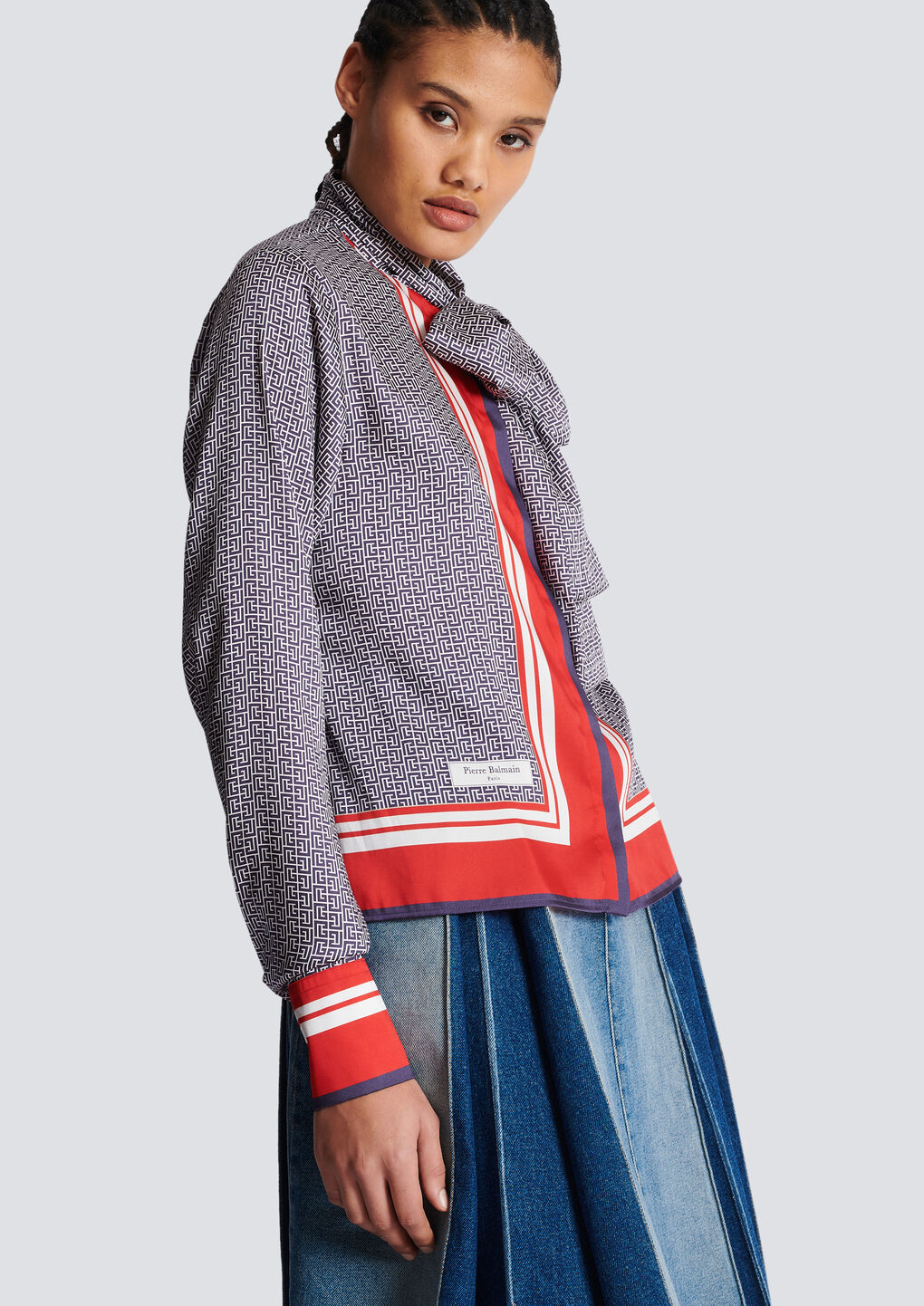 Balmain Pussy-bow Monogram-printed Shirt In Gray