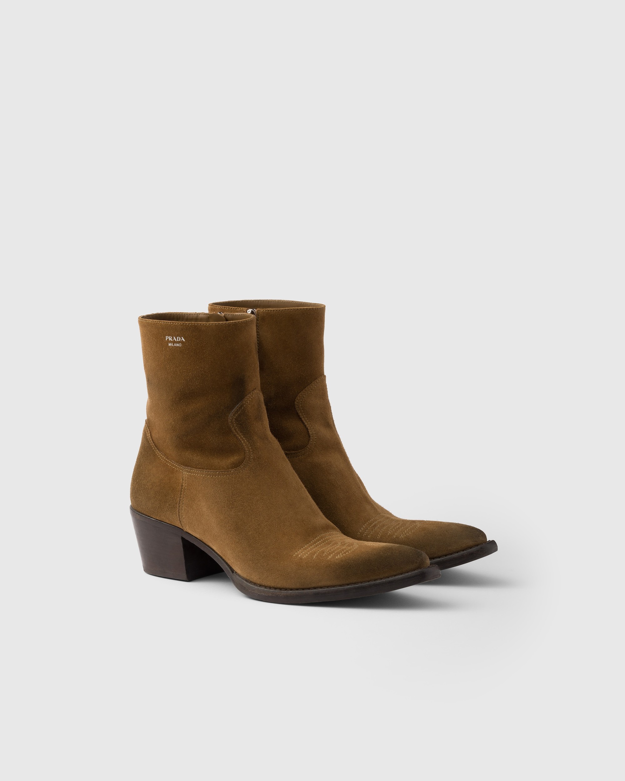 Prada Suede Heeled Western Ankle Boots 55