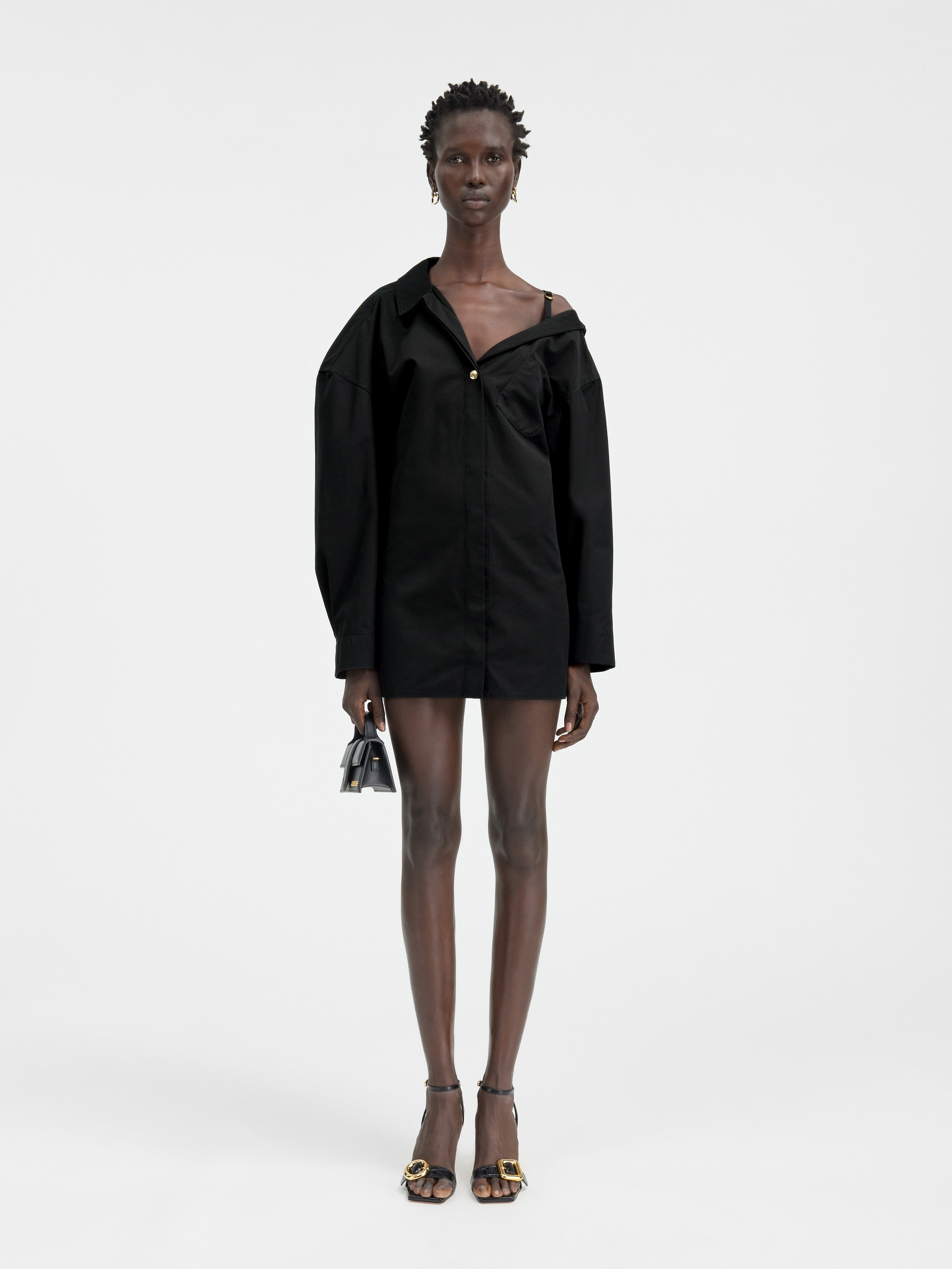 Jacquemus Asymmetric Mini Shirt Dress In Black