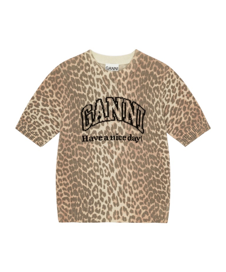 Ganni Leopard Print Wool Mix T-shirt
