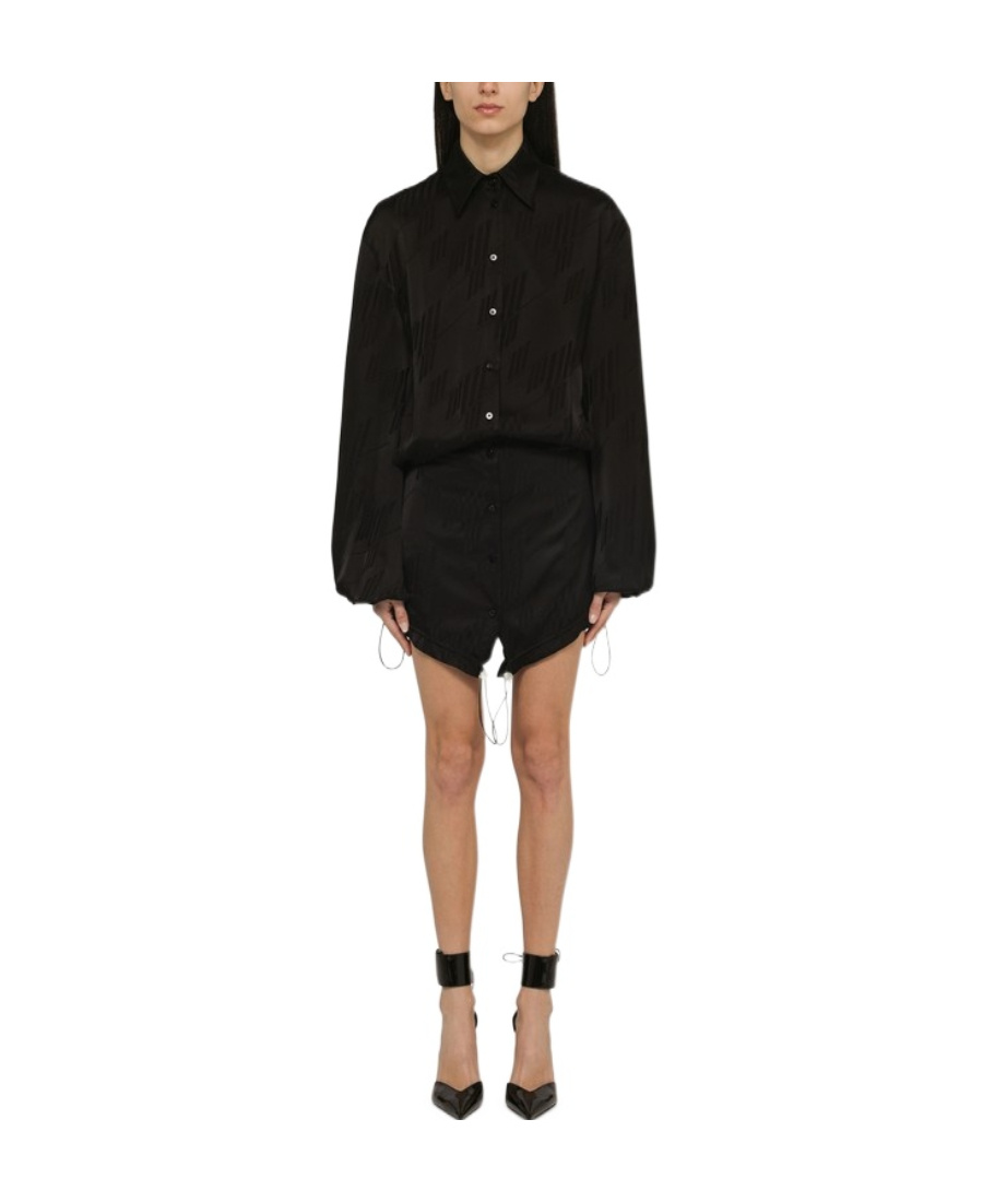 Attico Black Satin Mini Dress With All Over Logo In Black