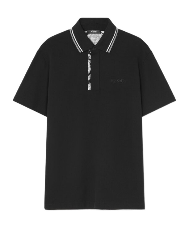 Versace Black Logo-embroidered Polo Shirt In Black