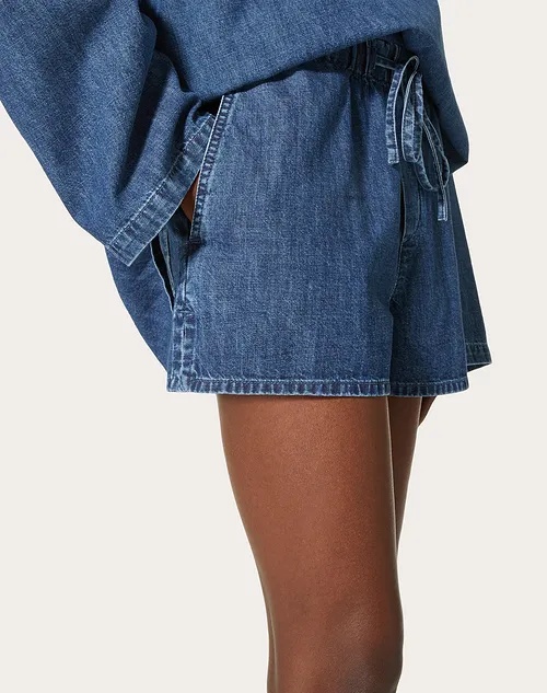 Valentino Drawstring Denim Shorts In Blue