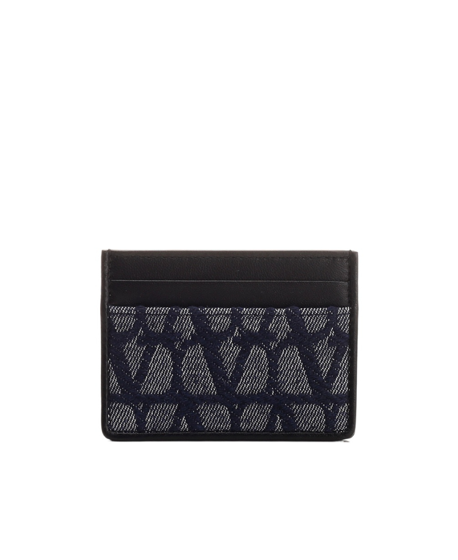Valentino Toile Iconographe Denim-effect Jacquard Fabric Card Holder With Leather Details In Black