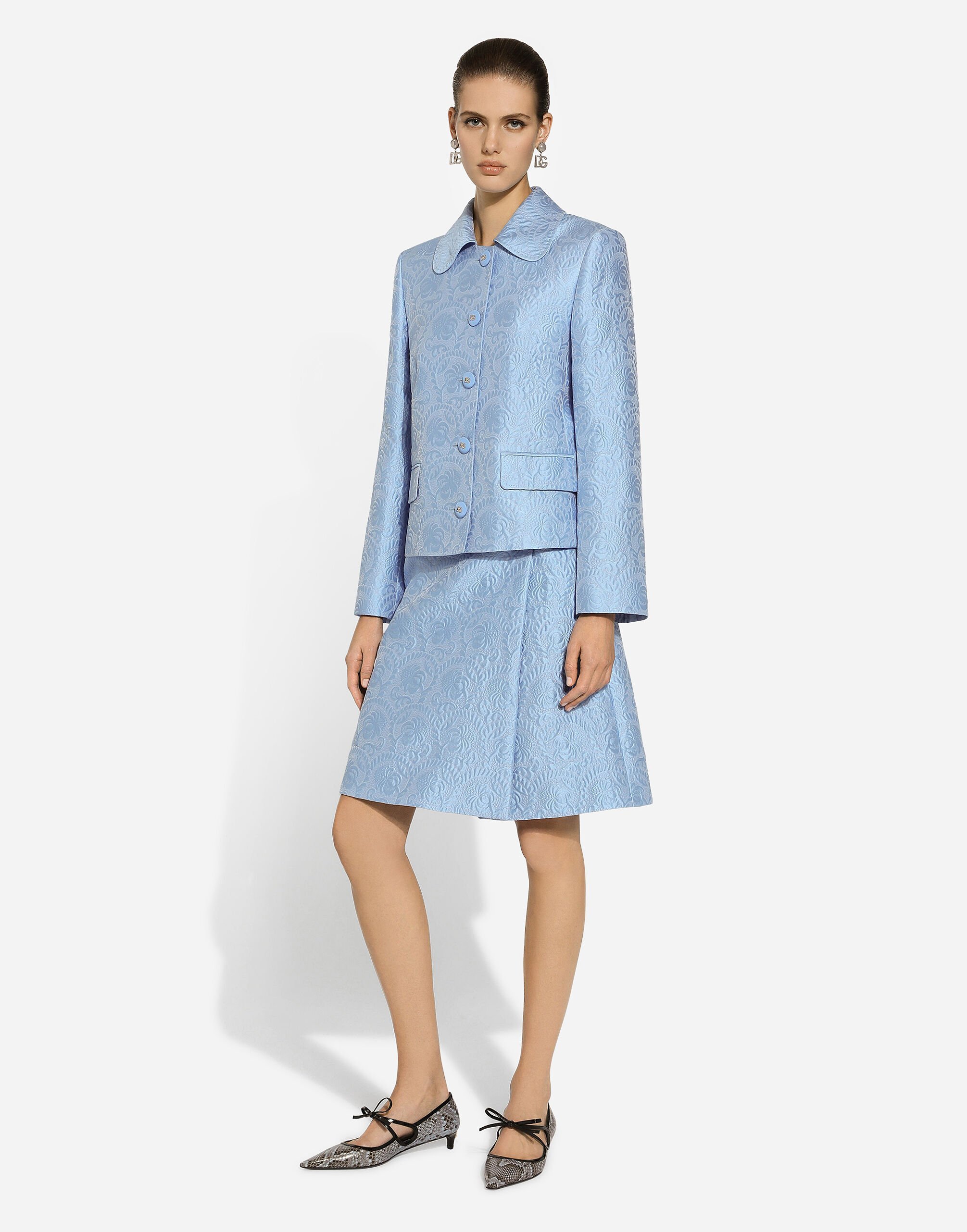 Dolce & Gabbana Floral Quilted Jacquard Midi Skirt With Dg Logo In Blue